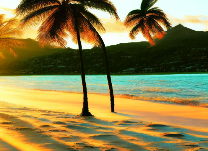 a beautiful white beach at golden hour. Sunlight hitting the sand and water, making them sparkle. Palm trees on the beach flowing slightly in pleasant air. Beatiful pleasant waves crashing on the beach