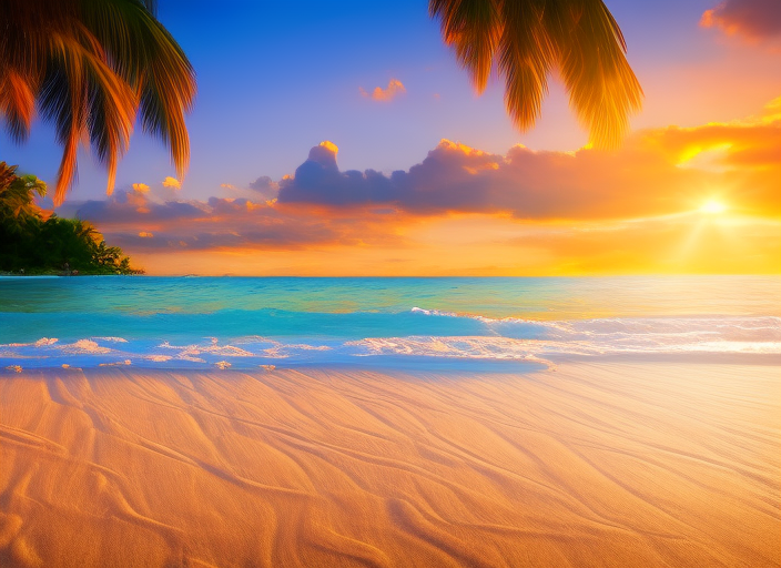 a beautiful white beach at golden hour. Sunlight hitting the sand and water, making them sparkle. Palm trees on the beach flowing slightly in pleasant air. Beatiful pleasant waves crashing on the beach