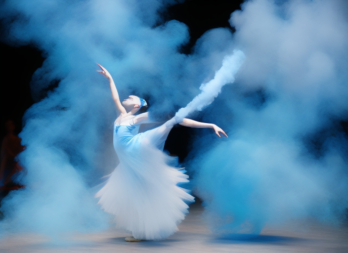 a dancing ballerina in whirling blue smoke