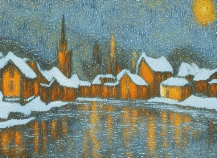 A wwintry landscape town. a painting similar to starry night realism style