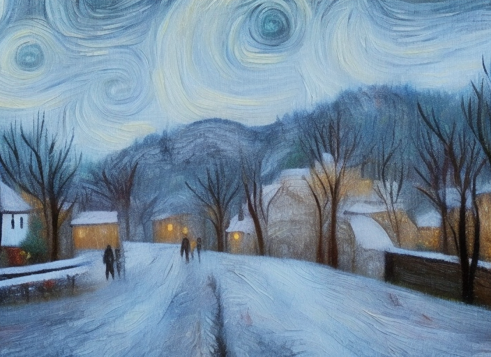 A wintry landscape town. a painting similar to the starry night realism style