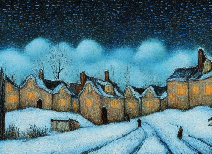 A wintry landscape town. a painting similar to the starry night 