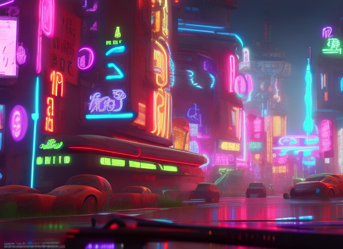 concept art of a detailed cyberpunk city with neon signs overrun by alien tentacles and vines, photorealistic, studio ghibli, vladimir manyuhin, volumetric lighting, 8k uhd, hyper-detailed, greg rutkowski, artstation, beeple, Tertiary Colors, octane render, ray tracing