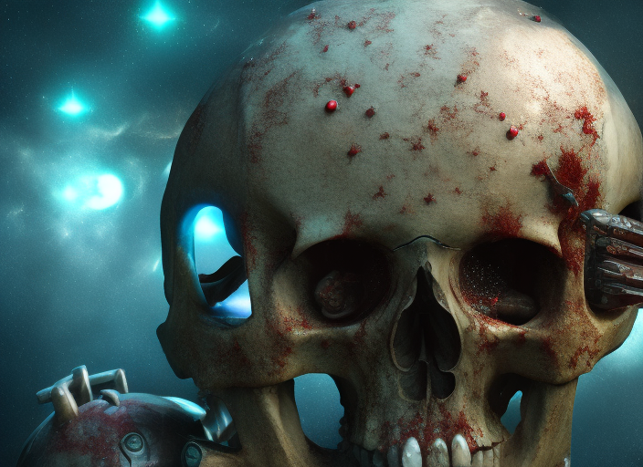 a skull wearing a space helmet. art, aqua, stars and galaxy on the background, meteorites, asteroids heating the scull, style of romanticism, cinematic, artstation, cg artwork