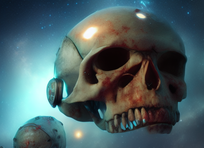 a skull wearing a space helmet. art, aqua, stars and galaxy on the background, meteorites,  style of romanticism, cinematic, artstation, cg artwork