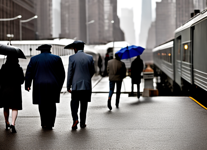 a view of New York City street with lots of people walking by, cold day, grey, dark color, raining, only blues and grey, sadness, train passing. a view of New York City street with lots of people walking by, cold day, grey, dark color, raining, only blues and grey, sadness, train passing. architectural HD, by senior character artist, fog