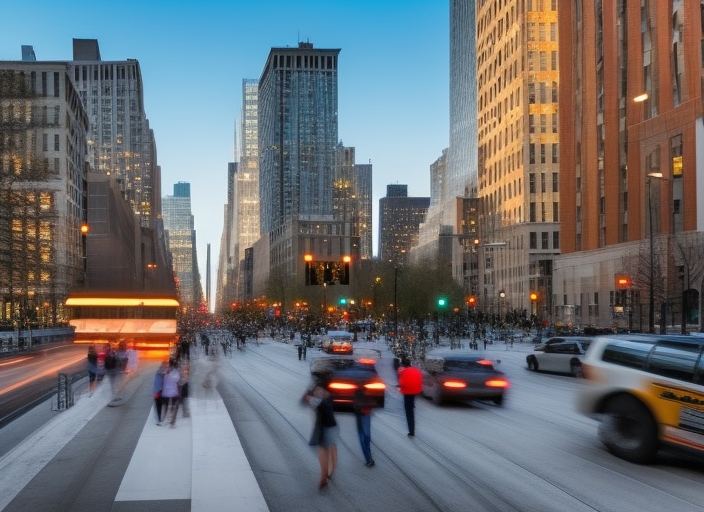 a view of New York City street with lots of people walking by, cold day, grey, dark color, raining, only blues and grey, sadness, train passing. a view of New York City street with lots of people walking by, cold day, grey, dark color, raining, only blues and grey, sadness, train passing. architectural HD, by senior character artist, fog