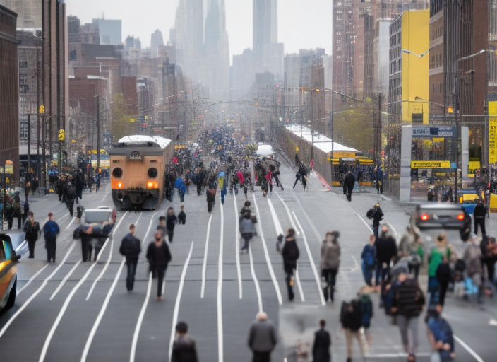 a view of New York City street with lots of people walking by, cold day, grey, dark color, raining, only blues and grey, sadness, train passing. a view of New York City street with lots of people walking by, cold day, grey, dark color, raining, only blues and grey, sadness, train passing. architectural HD, by senior character artist, fog