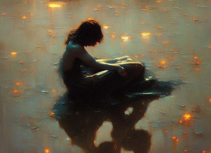 Beautiful Impressionist painting of a dark dramatic Female character, Fallen Angel Sitting in a puddle of tears, Reflection, Angelarium, Fusion between Jeremy Mann and Childe Hassam and Daniel F Gerhartz, Long shot, Emotion