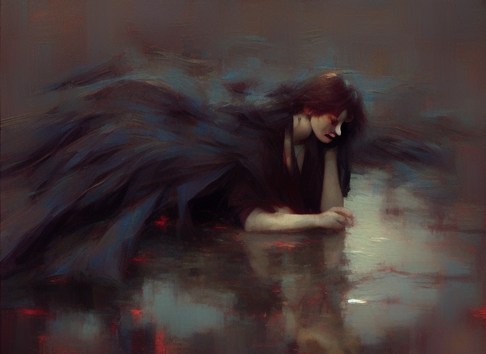 Beautiful Impressionist painting of a dark dramatic Female character, Fallen Angel Sitting in a puddle of tears, Reflection, Angelarium, Fusion between Jeremy Mann and Childe Hassam and Daniel F Gerhartz, Long shot, Emotion. Beautiful Impressionist painting of a dark dramatic Female character, Fallen Angel Sitting in a puddle of tears, Reflection, Angelarium, Fusion between Jeremy Mann and Childe Hassam and Daniel F Gerhartz, Long shot, Emotion. intricate details, hasselblad