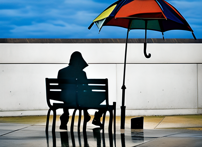 A solitary figure lounging in a chair with an umbrella, watching the rain fall silently outside.::1.9 carbon fiber::1.7 blocky::-0.2 graphic novel::1.5 tropical::0.8 wide angle lens::1.6 satellite imagery::1.4 monet::1.3 roy lichtenstein::0.4 rene magritte::1.6 gray::0.4 green::0.8 indigo::0.5 --quality 2 --stylize 60000