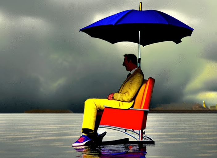A solitary figure lounging in a chair with an umbrella, watching the rain fall silently outside.::1.9 carbon fiber::1.7 blocky::-0.2 graphic novel::1.5 tropical::0.8 wide angle lens::1.6 satellite imagery::1.4 monet::1.3 roy lichtenstein::0.4 rene magritte::1.6 gray::0.4 green::0.8 indigo::0.5 --quality 2 --stylize 60000
