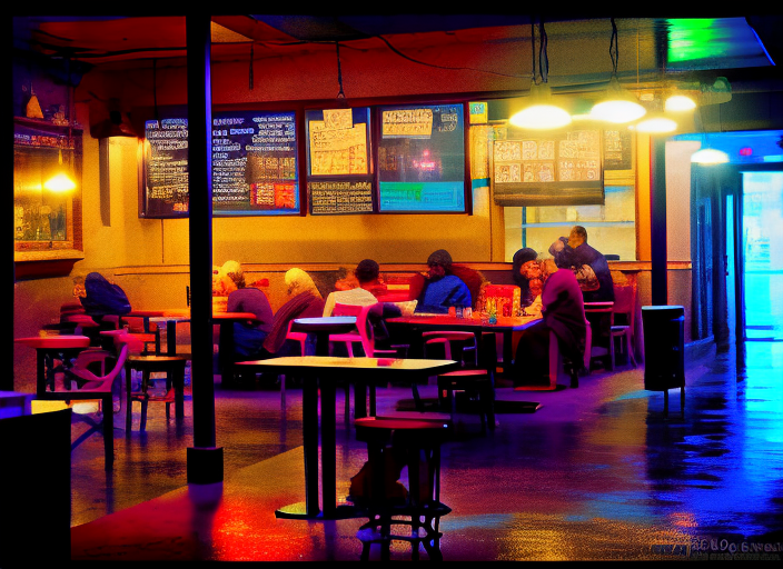 "A cozy, dimly-lit coffee shop on a rainy day, where patrons huddle under umbrellas and sip steaming cups of coffee while reading books or chatting with friends."::2.7 1980s::0.6 1800s::2 pixelart::2.3 sacred geometry::1.2 backlight::1.8 blacklight::0.1 DSLR::1.7 360 panorama::2.2 garald brom::2 henri matisse::2.8 defocus::-0.5 --quality 2 --stylize 60000