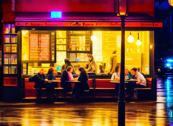 "A cozy, dimly-lit coffee shop on a rainy day, where patrons huddle under umbrellas and sip steaming cups of coffee while reading books or chatting with friends."::2.7 1980s::0.6 1800s::2 pixelart::2.3 sacred geometry::1.2 backlight::1.8 blacklight::0.1 DSLR::1.7 360 panorama::2.2 garald brom::2 henri matisse::2.8 defocus::-0.5 --quality 2 --stylize 60000