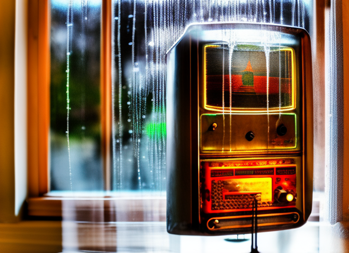 An old-fashioned radio playing a melancholic tune, as droplets of rainwater form a colorful reflection in the window.::2.9 8-bit::0 16-bit::2.1 love::1.6 logo::2 ultra wide angle lens::2.3 telescope lens::-0.6 alphonse mucha::-0.1 banksy::1.8 defocus::-0.5 --quality 2 --stylize 60000