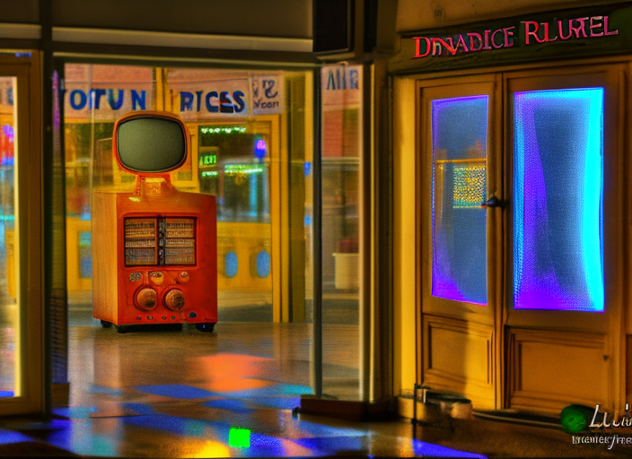 An old-fashioned radio playing a melancholic tune, as droplets of rainwater form a colorful reflection in the window.::2.9 8-bit::0 16-bit::2.1 love::1.6 logo::2 ultra wide angle lens::2.3 telescope lens::-0.6 alphonse mucha::-0.1 banksy::1.8 defocus::-0.5 --quality 2 --stylize 60000