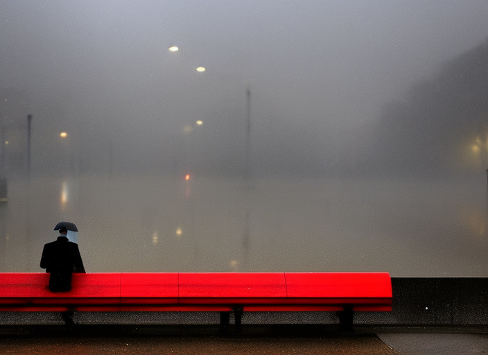 "A lone figure sitting on a park bench, staring out at the rain-drenched cityscape while lost in thought, a single red umbrella the only splash of color in the gray, misty scene."::2.5 https://firebasestorage.googleapis.com/v0/b/noonshot-prod.appspot.com/o/midjourney%2Fimages%2Fcaa17769-becc-425b-bb8b-069cc1f39d04?alt=media&token=8c5c3856-8a31-4516-9ba9-315118585047:: 4-bit::-0.3 16-bit::1.6 8-bit::1.5 1980s::2.1 1800s::2.9 caribbean::2.5 cartoon::-0.5 carved lacquer::1.2 diego rivera::0.2 francis bacon::2 JMW Turner::1.5 jean michel basquiat::1.8 defocus::-0.5 --quality 2 --stylize 60000