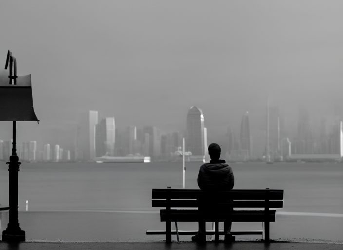 "A lone figure sitting on a park bench, staring out at the rain-drenched cityscape while lost in thought, a single red umbrella the only splash of color in the gray, misty scene."::2.5 4-bit::-0.3 16-bit::1.6 8-bit::1.5 1980s::2.1 1800s::2.9 caribbean::2.5 cartoon::-0.5 carved lacquer::1.2 diego rivera::0.2 francis bacon::2 JMW Turner::1.5 jean michel basquiat::1.8 defocus::-0.5 --quality 2 --stylize 60000
