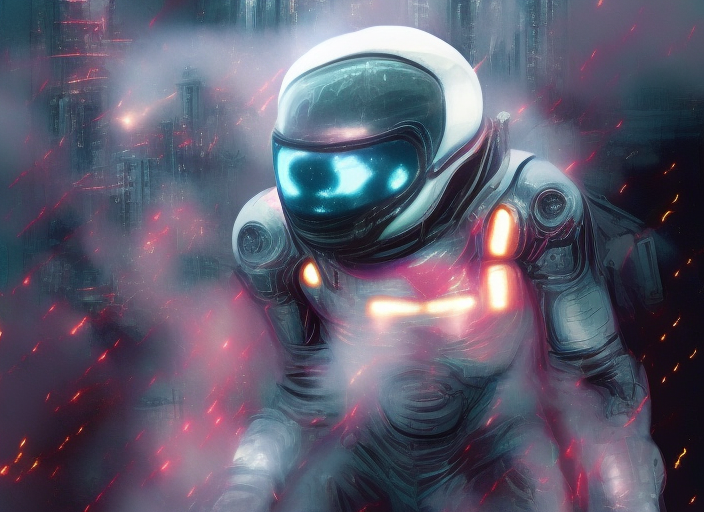 "Create a digital painting of a cyberpunk astronaut clinging to a metallic structure, with a futuristic cityscape in the background, while the astronaut's suit is malfunctioning with sparks and smoke. The astronaut's expression should be one of determination and fear."