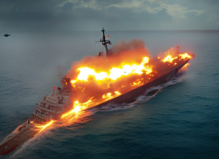 ames and debris scattered around. Include multiple angles, such as a close-up of the ship's deck as the rocket hits and a wide shot of the ship as it sinks into the water. Use dynamic lighting and shadows to enhance the sense of destruction and chaos. Show the panic and fear of the crew and soldiers on board as the ship is being destroyed. 
