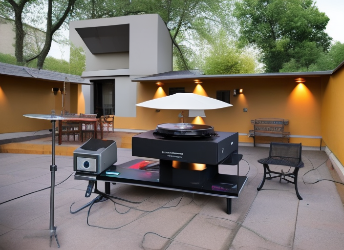  An old-fashioned record player spinning a soulful melody, its sound echoing through a quiet urban landscape.::2.8 electrical::2 extraterrestrial::1.9 candlelight::0.1 concert lighting::1.6 dusk::2.3 360 panorama::1.8 jean michel basquiat::0.2 yoji shinkawa::0.4 defocus::-0.5 --quality 2