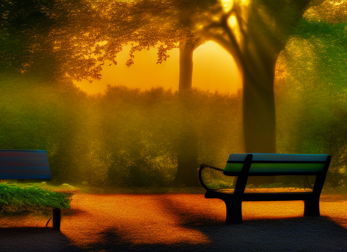 An empty park bench surrounded by a vibrant garden at sunrise, the morning sun casting a peaceful aura over the scene.
