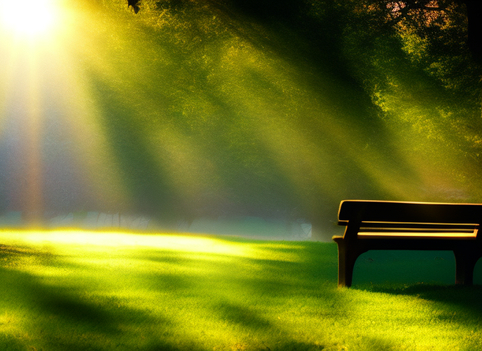 An empty park bench surrounded by a vibrant garden at sunrise, the morning sun casting a peaceful aura over the scene.