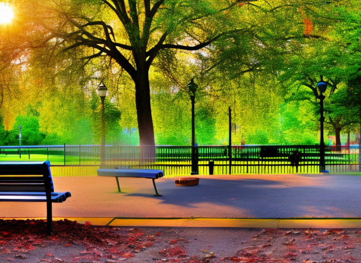 An empty park bench surrounded by a vibrant garden at sunrise, the morning sun casting a peaceful aura over the scene.::3.2 graffitti::2.1 pixelart::0.6 radioactive::1.4 panorama::1.4 wide angle lens::1.9 jean michel basquiat::1.8 yoji shinkawa::0.4 defocus::-0.5 --quality 2 --stylize 900