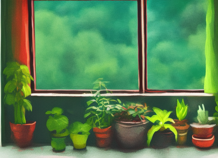 lush windowsill with a large variety of vegetation in a soft, lofi 16k resolution.