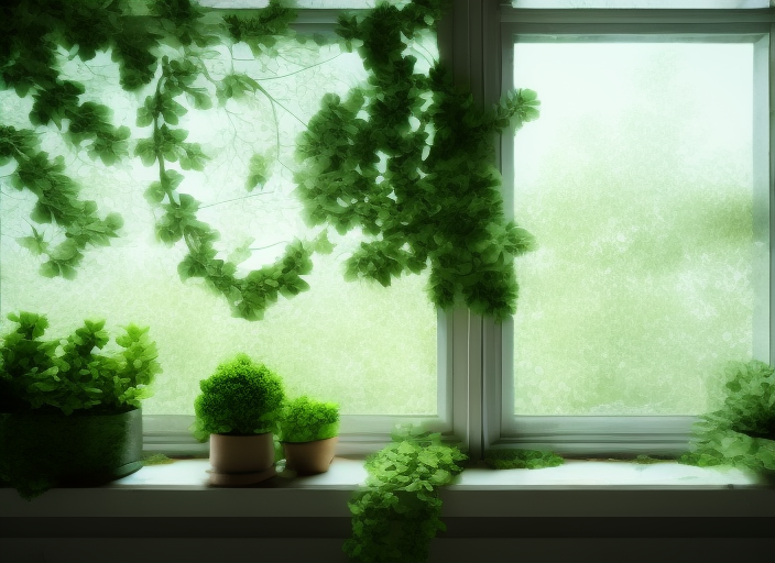 lush windowsill with a large variety of vegetation in a soft, lofi 16k resolution.
