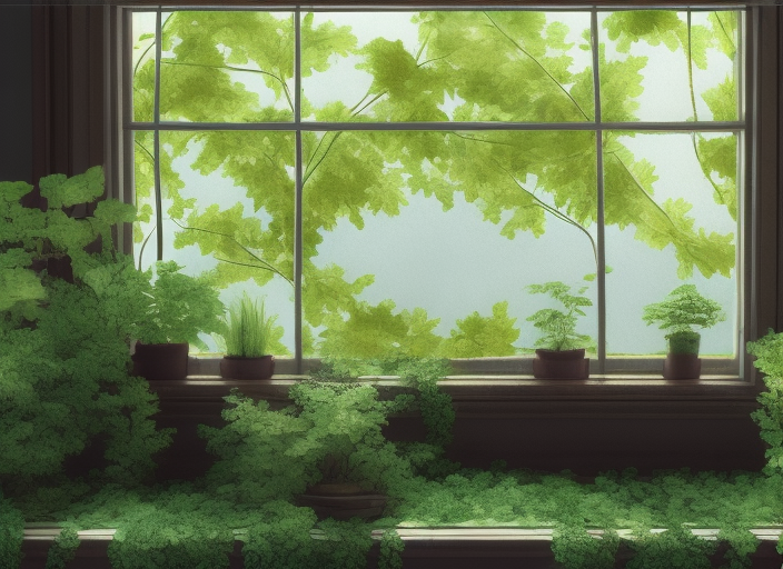 lush windowsill with a large variety of vegetation in a soft, lofi 16k resolution.
