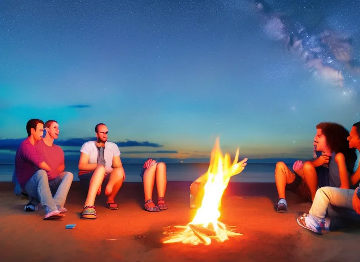 "A group of friends gather around a bonfire on a secluded beach, laughing and chatting as they roast marshmallows and watch the stars twinkle in the night sky. The sound of waves crashing in the background adds to the sense of carefree fun and adventure."::2.1 glitchart::0.6 liquid::1.6 love::-0.7 realistic::2.6 360 panorama::1.5 DSLR::2.1 satellite imagery::-0.2 JMW Turner::0.4 michelangelo::1.7 monet::0.1 defocus::-0.5 --quality 2 --stylize 60000