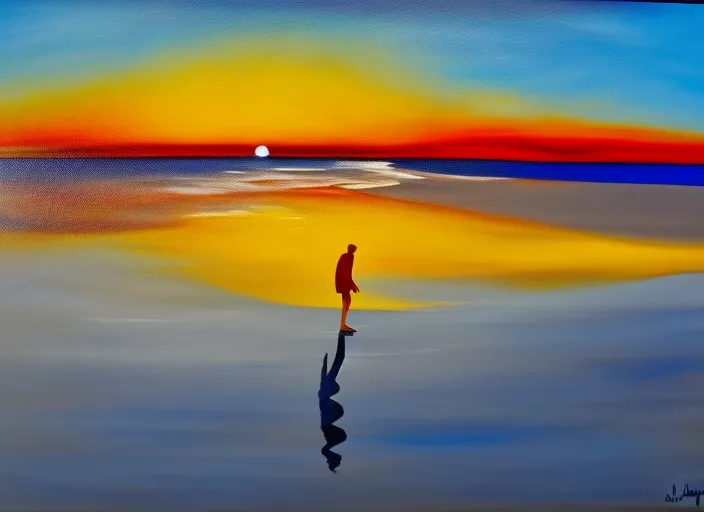 A peaceful stroll along a deserted beach, the sound of the tide crashing in the background as the sun sets in the sky.::2.3 tropical::0.5 technological::-0.8 backlight::1.6 crepuscular rays::0.3 direct sunlight::0.5 diego rivera::-0.4 david hockney::-0.3 defocus::-0.5 --quality 2
