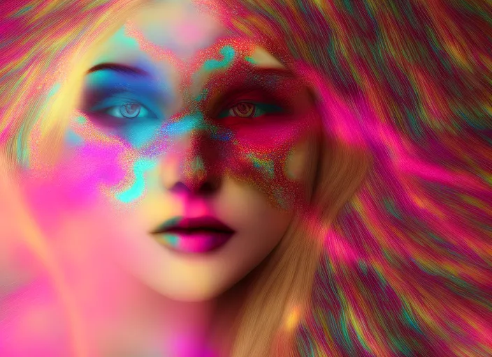 A face portrait of a blonde woman with light coming from her third eye, marbled fractal colourful enviroment 