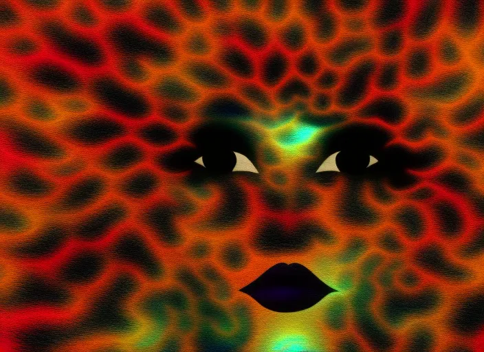 A face portrait of a blonde woman with light coming from her third eye,  clothing her eyes, marbled fractal colourful enviroment 