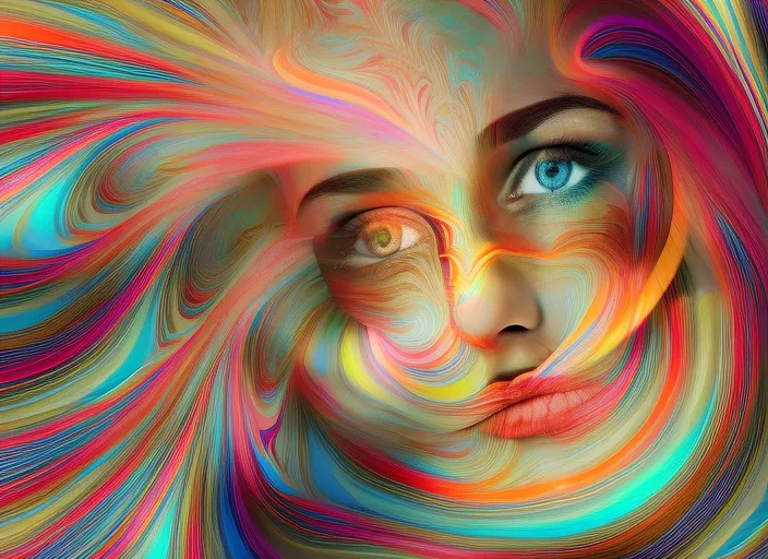 A face portrait of a blonde woman with light coming from her third eye, opening her eyes, marbled fractal colourful enviroment 