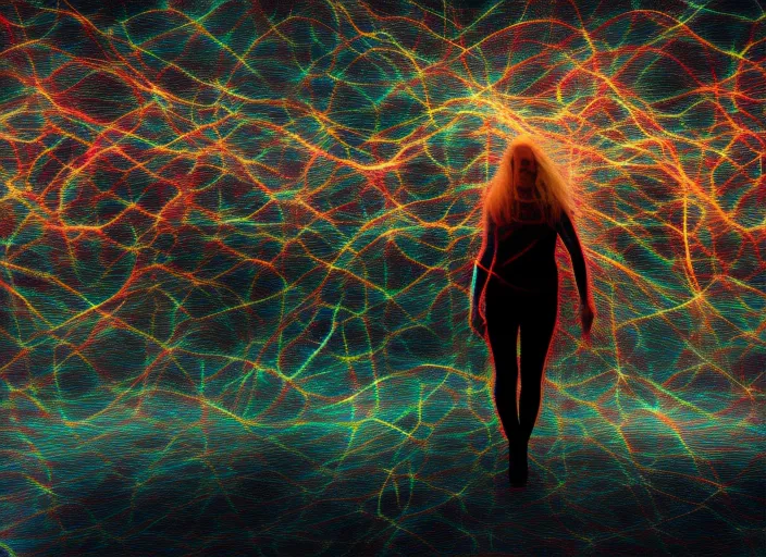 A photograph of a detailed blond girl walking happily towards scene front in energetic fractal marbled enviroment with light fibers, the reality is made of light fibers, colours
