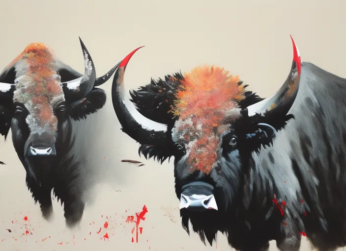 4 black Buffalos are painting with the brushes