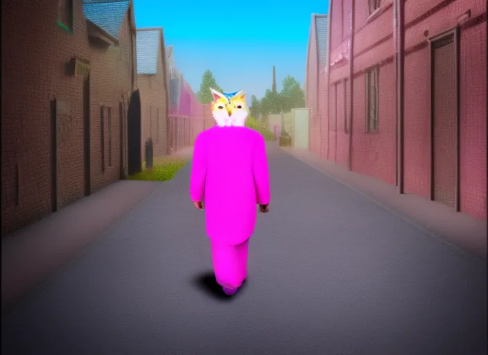 a royal morgan freeman walking down a alley with a pink mink coat and a pink owl following him  they are both royalty and morgan freemans head is accompanied by a floating crown this image is a real life generated task