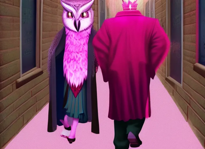 a front facing  royal morgan freeman walking down a alley with a pink mink coat and a pink owl following him  they are both royalty and morgan freemans head is accompanied by a floating crown this image is a real life generated task