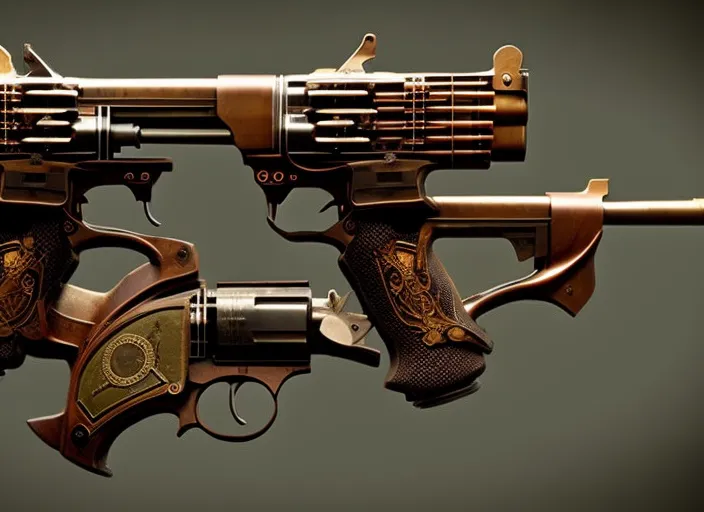 "Design a pair of steampunk-inspired guns for a futuristic, post-apocalyptic world where technology is scarce and scavenged to create makeshift weapons. The guns should have a unique and intricate appearance, incorporating gears, levers, and other mechanical parts. Imagine them being wielded by a rugged, resourceful survivor fighting against a tyrannical government or ruthless gangs in the ruins of a once-great civilization."