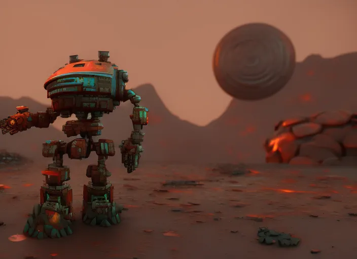 a mining robot on a planet, digital art, detailed, HD, high quality, zbrush, Houdini, pixar, vfx