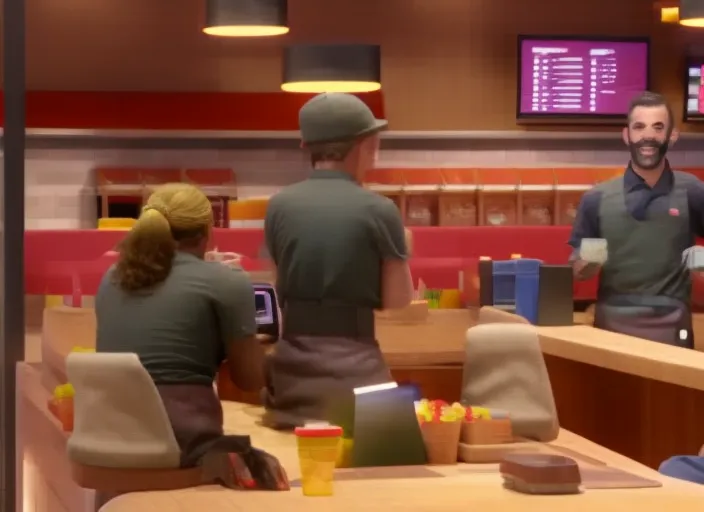 Man working behind cashier at mcdonalds, 2 other workers sitting on chairs on their phone, cinematic, realistic, 