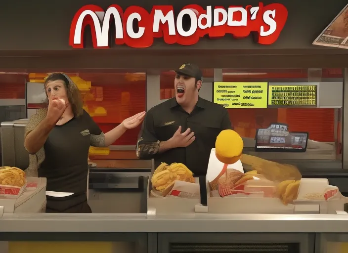 mcdonalds manager yelling at cashier at mcdonalds, cinematic, realistic