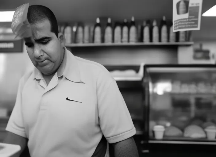 man very sad working in mcdonalds