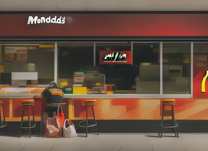 man very sad working in mcdonalds, hyperrealistic, cinematic