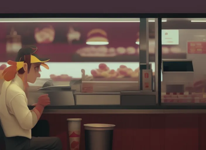 Full prompt: man very sad working in mcdonalds, hyperrealistic, cinematic : 4 | man very sad working in mcdonalds, hyperrealistic, cinematic. 8k, award winning photography, pixiv : 2 | porcelain skin, double, cropped : -5