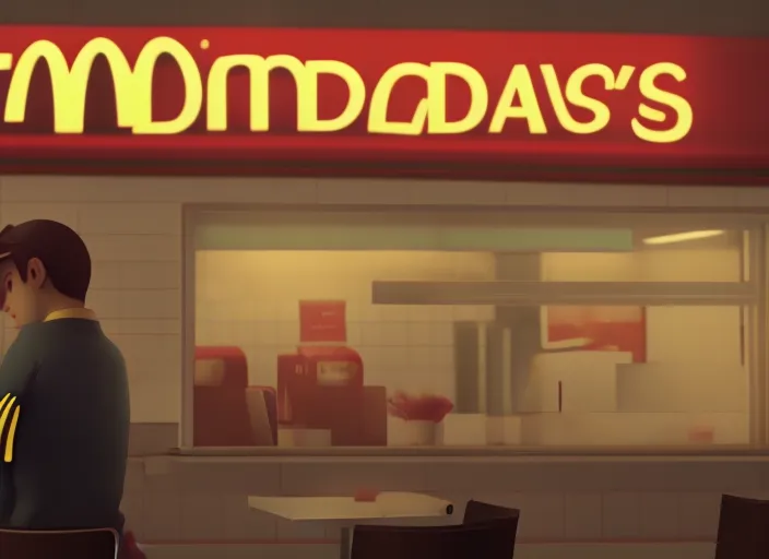 Full prompt: man very sad working in mcdonalds, hyperrealistic, cinematic : 4 | man very sad working in mcdonalds, hyperrealistic, cinematic. 8k, award winning photography, pixiv : 2 | porcelain skin, double, cropped : -5