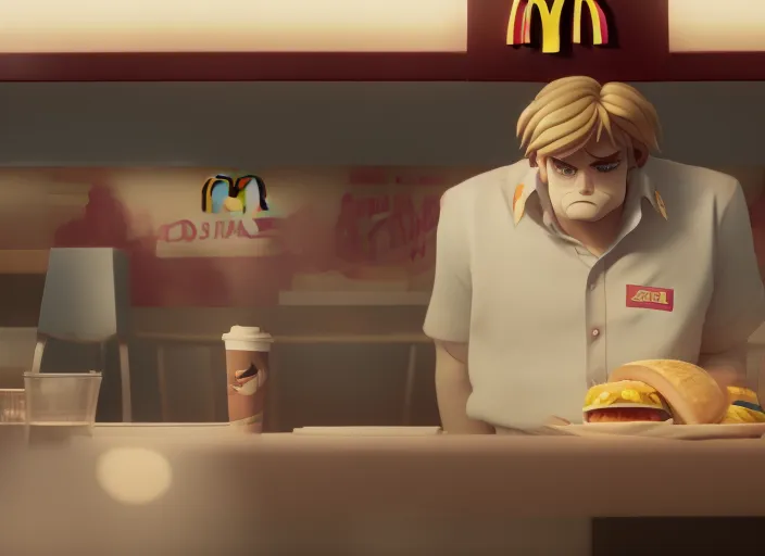 Full prompt: man very sad working in mcdonalds, hyperrealistic, cinematic : 4 | man very sad working in mcdonalds, hyperrealistic, cinematic. 8k, award winning photography, pixiv : 2 | porcelain skin, double, cropped : -5