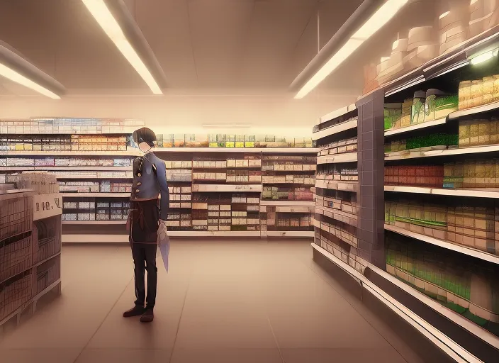 man very sad working in grocery store, hyperrealistic, cinematic. 8k, award winning photography, pixiv : 2 | porcelain skin, double, cropped : -5